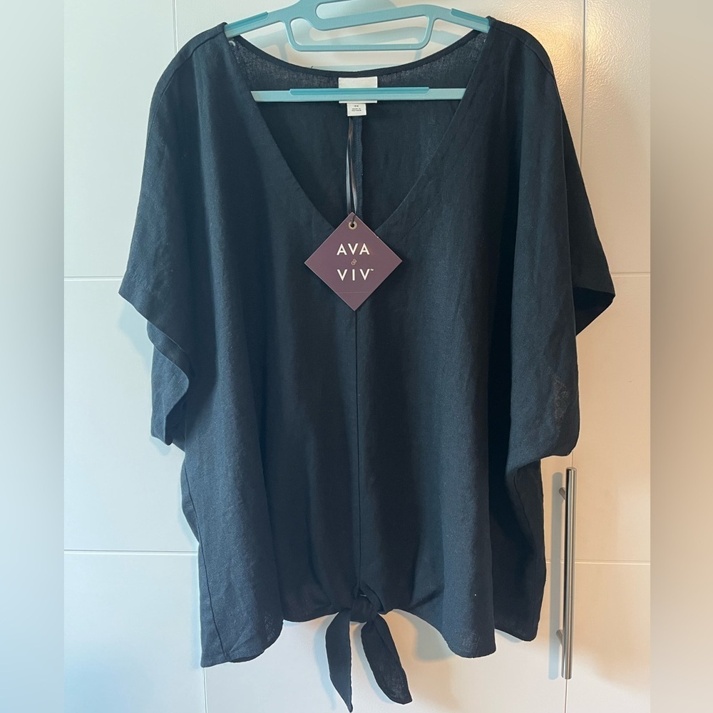 NWT Ava & Viv Women’s V-Neck Linen Blend Tie Front Top